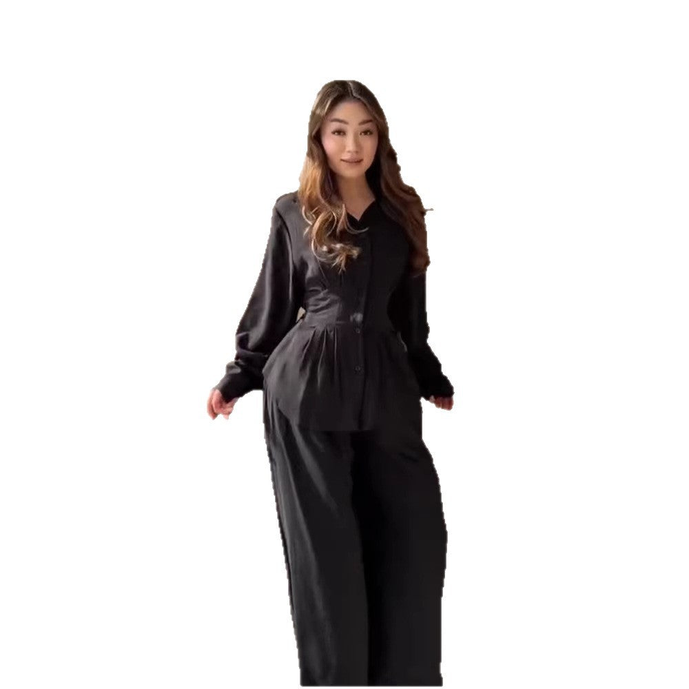 Damen Elegantes zweiteiliges Satin-Loungewear-Set mit taillierter Bluse und weitem Hosenbein Drune