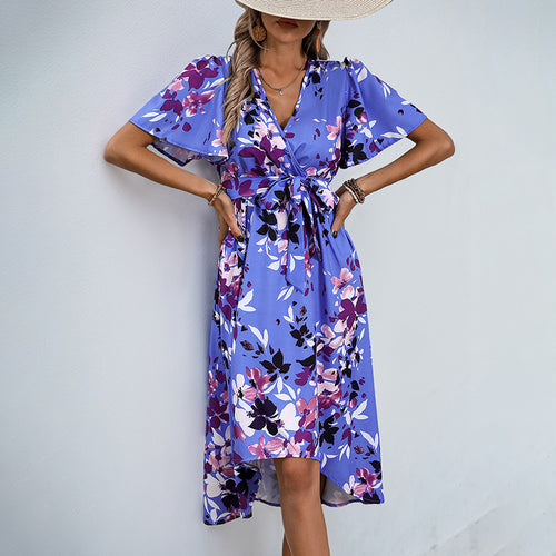 Damen Leichtes Chiffon-Midikleid Wickeloptik mit V-Ausschnitt, Taillenband und asymmetrischem Zipfelrock Drune