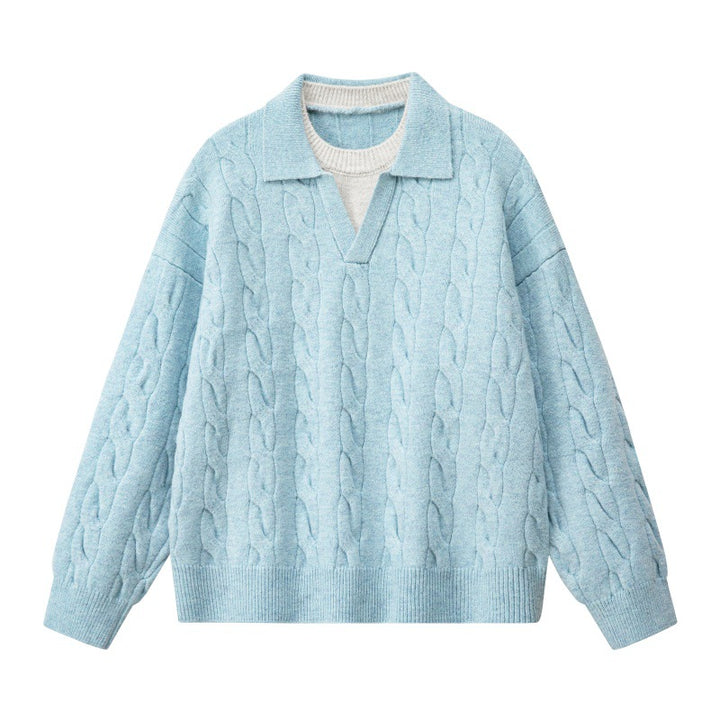 Damen Oversize Zopfstrickpullover mit hohem Rollkragen und Knopfleiste Drune
