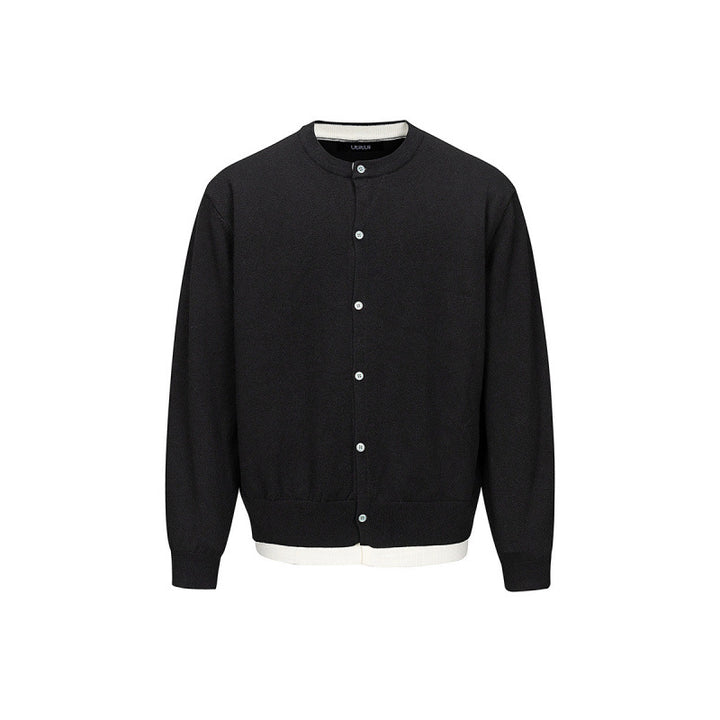 Herren Feinstrick-Cardigan mit zweilagiger Optik, Rundhalsausschnitt und durchgehender Knopfleiste Drune