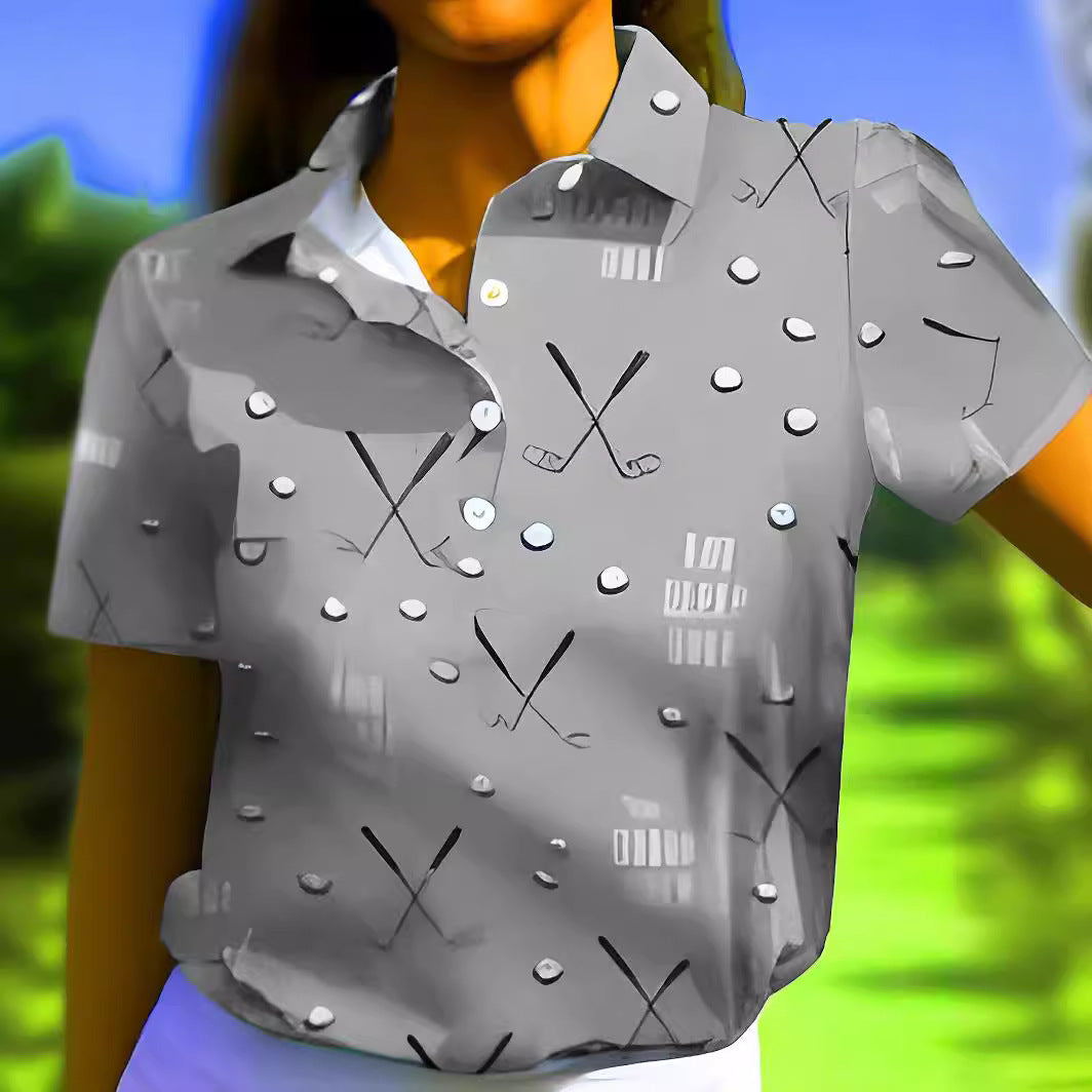 Damen Kurzarm-Hemd mit modischem Golf-Print und komfortablem Schnitt Drune