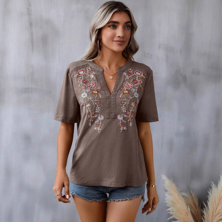 Damen bestickte Boho-Tunika mit tiefem Ausschnitt und Spitzenbesatz Drune