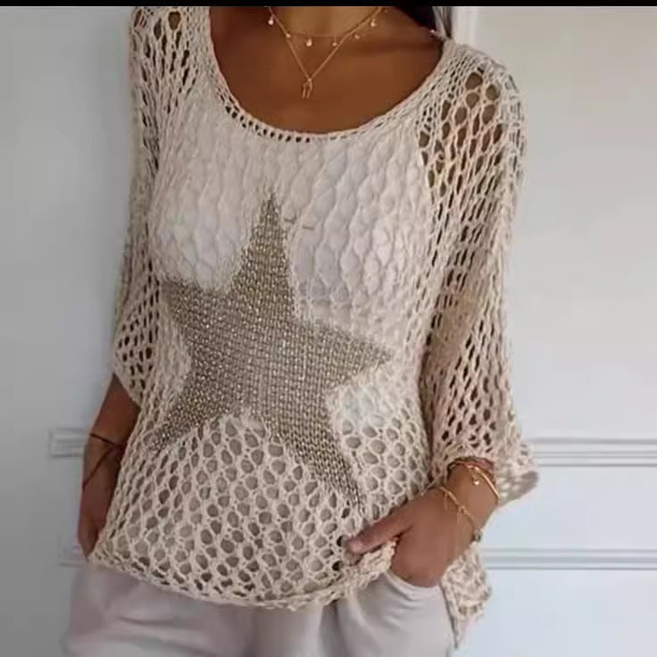 Damen nan oversized gehäkelter Pullover mit Sternapplikation und 3/4-Ärmeln Drune