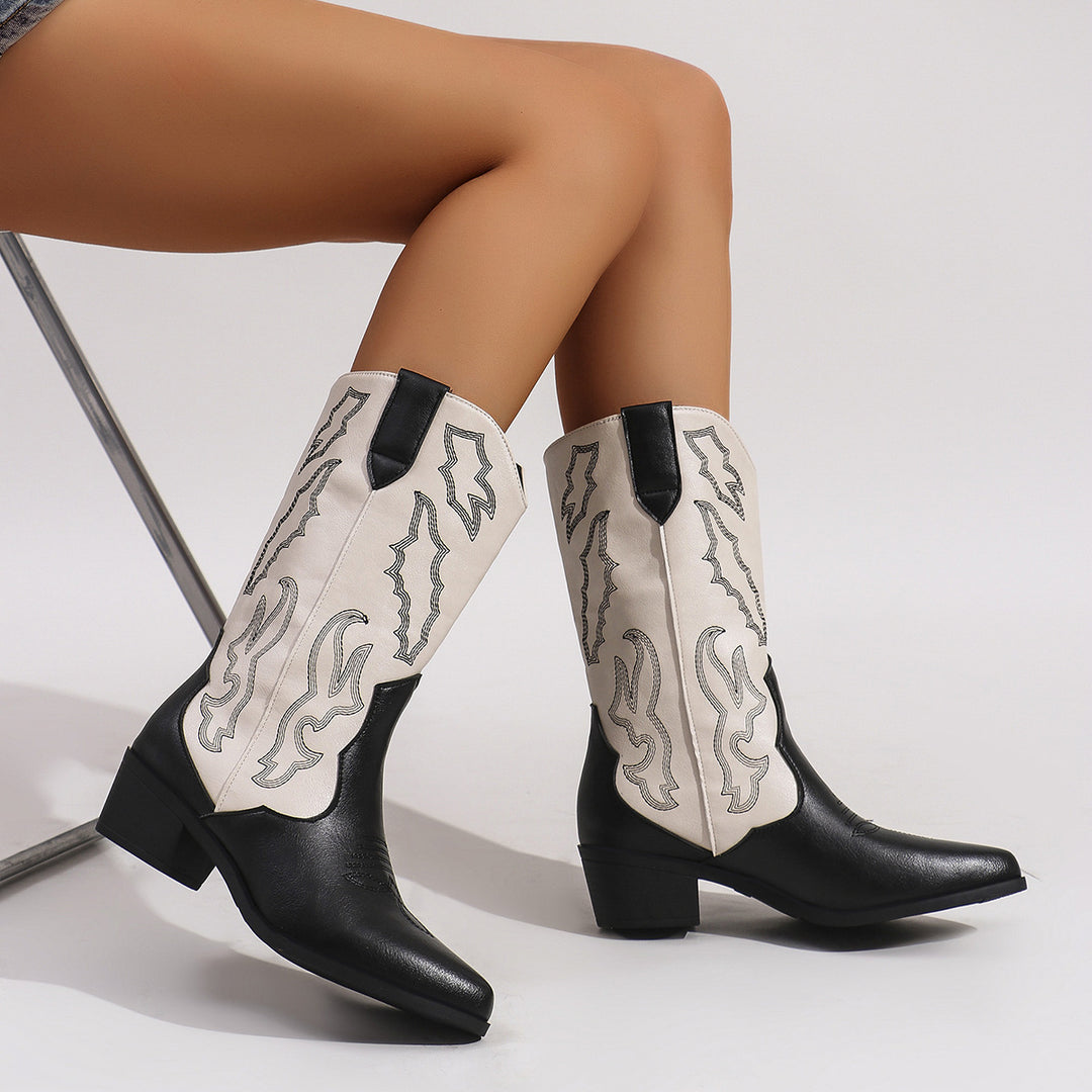 Damen nan Cowboystiefel im Westernstil mit mittelhohem Blockabsatz spitzer Zehenkappe und dekorativer Stickerei Drune