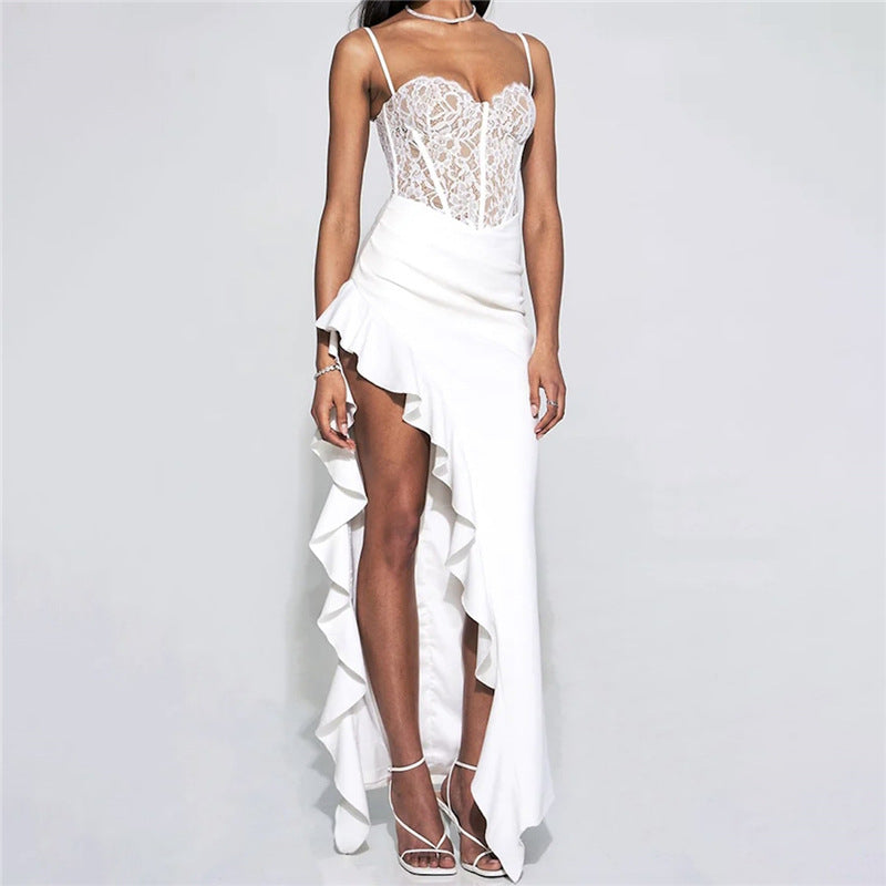 Damen Brautkleid mit Spitzenoberteil und asymmetrischen Rüschen Drune