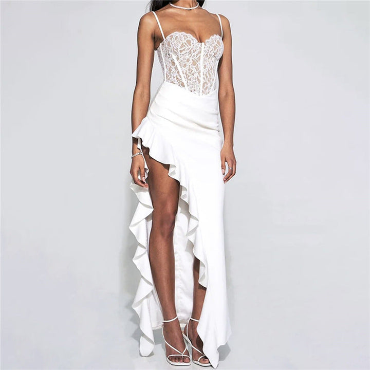 Damen Brautkleid mit Spitzenoberteil und asymmetrischen Rüschen Drune