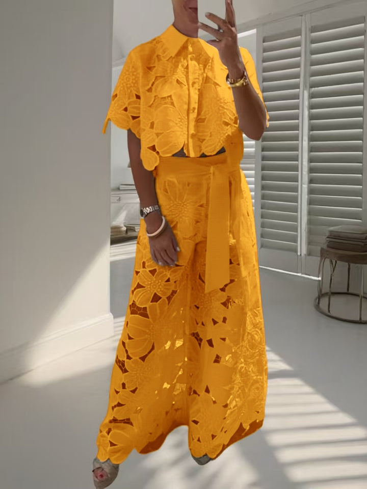 Damen nan zweiteiliges Spitzenensemble mit bauchfreier Bluse und weiter Palazzohose Drune