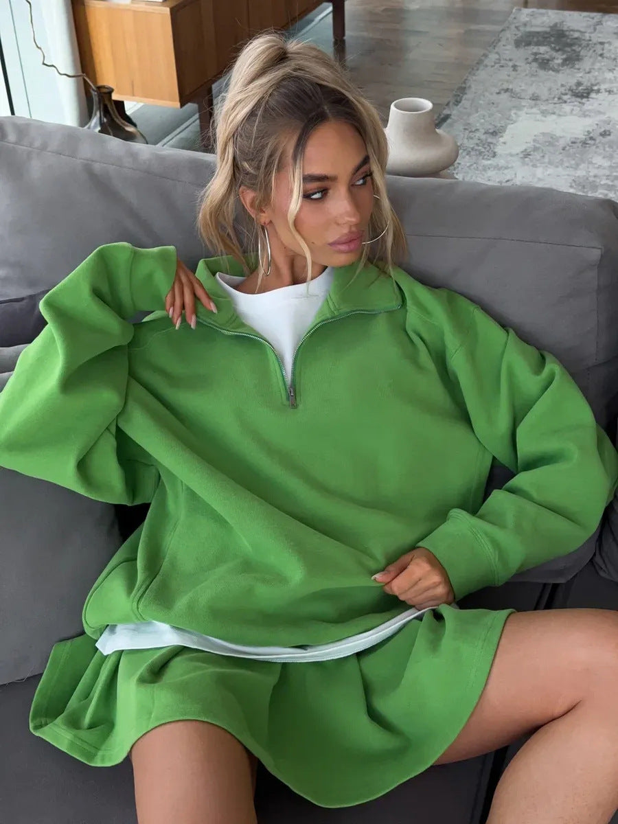 Damen Oversized Sweatkleid mit halbem Reißverschluss und Stehkragen Drune