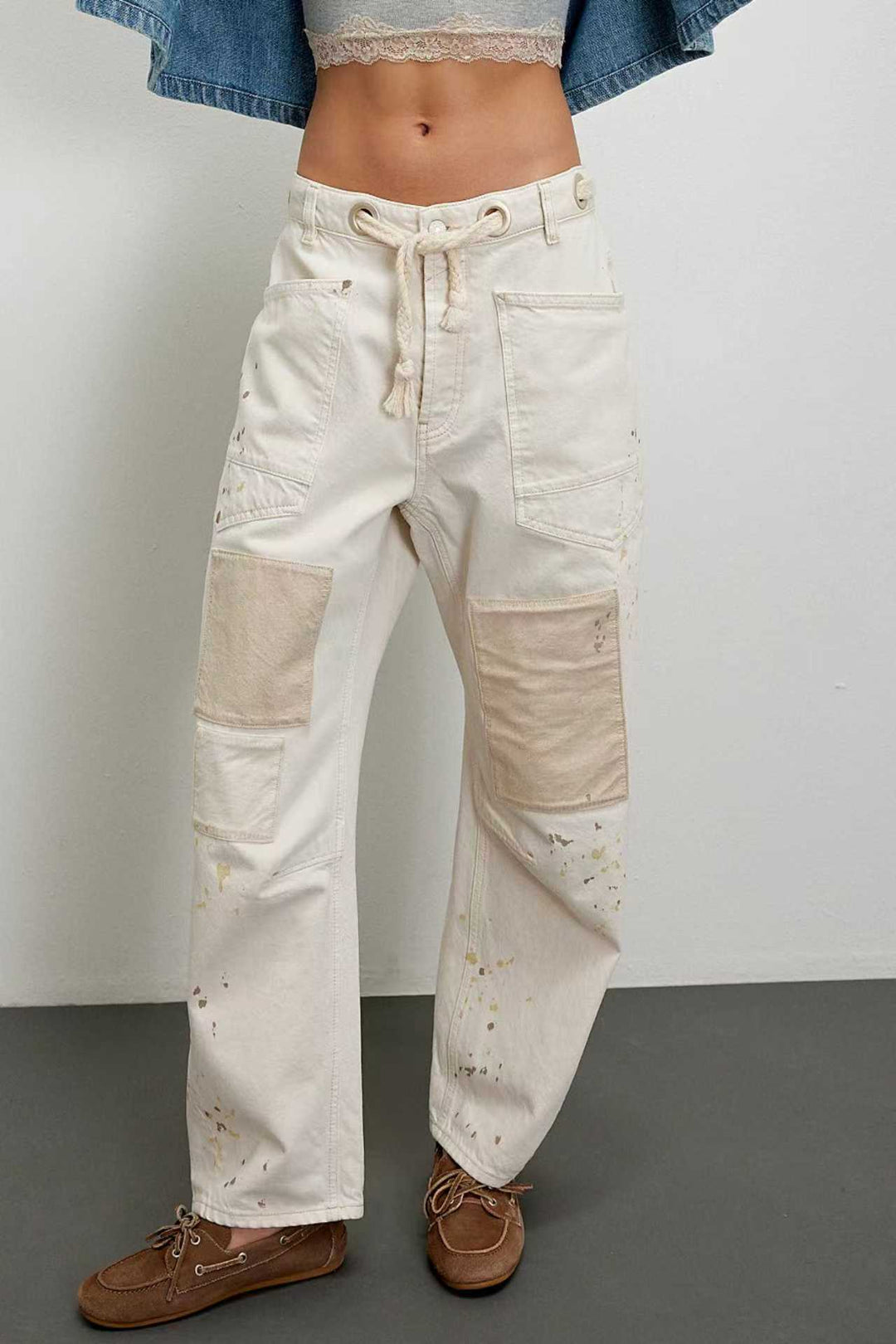 Damen nan hochgeschnittene Jeans im weiten Schnitt mit aufgesetzten Taschen und Kordelzug Drune