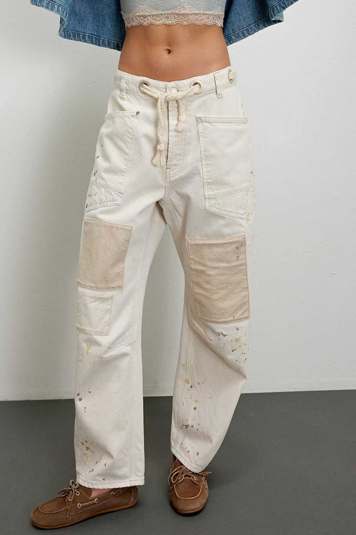 Damen nan hochgeschnittene Jeans im weiten Schnitt mit aufgesetzten Taschen und Kordelzug Drune