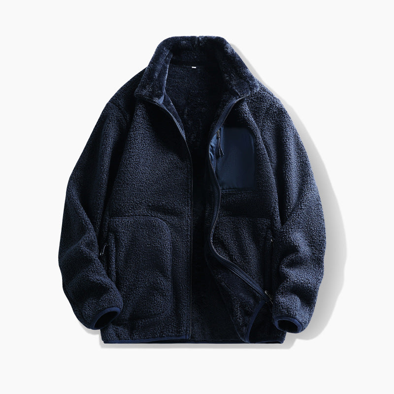 Herren Teddy-Fleecejacke mit Stehkragen, Kängurutaschen und Brust-Reißverschlusstasche Drune