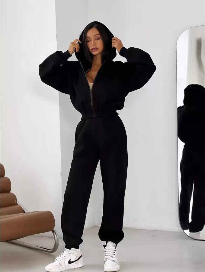 Damen kuscheliger Zip-Hoodie und Jogginghose Set Drune