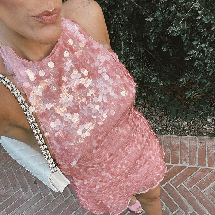 Damen Glamouröses Pailletten-Minikleid mit haltem Ausschnitt Drune