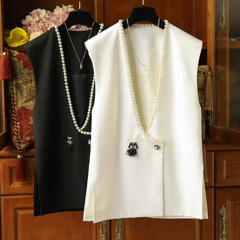 Damen Elegante Blazer-Weste mit Perlenverzierung Drune