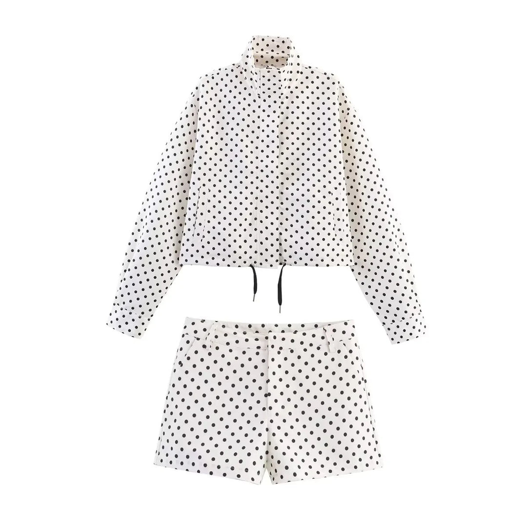 Damen nan kurz geschnittenes Zweiteiler-Set mit gepunkteter Cropped-Jacke, Stehkragen und Highwaist-Shorts Drune
