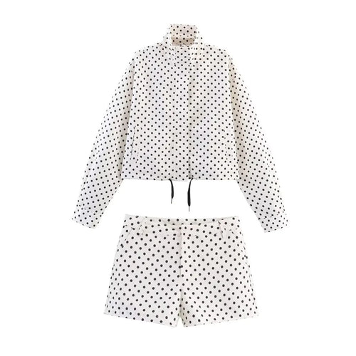 Damen nan kurz geschnittenes Zweiteiler-Set mit gepunkteter Cropped-Jacke, Stehkragen und Highwaist-Shorts Drune