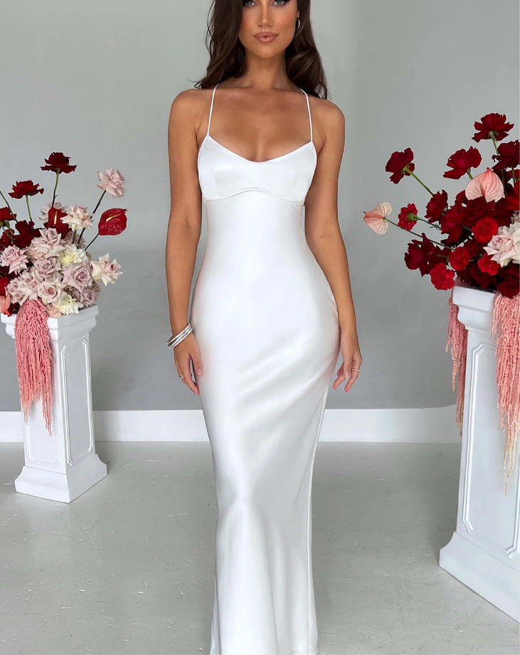 Damen Glamouröses Langarm-Maxi-Kleid mit verstellbaren Trägern und figurbetontem Schnitt Drune