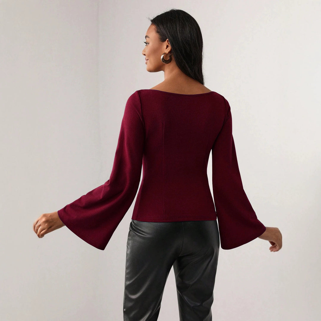 Damen figurbetontes Oberteil mit Cut-Out-Ausschnitt und Glockenärmeln Drune