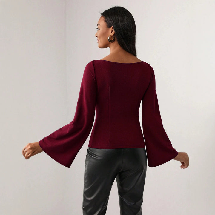 Damen figurbetontes Oberteil mit Cut-Out-Ausschnitt und Glockenärmeln Drune