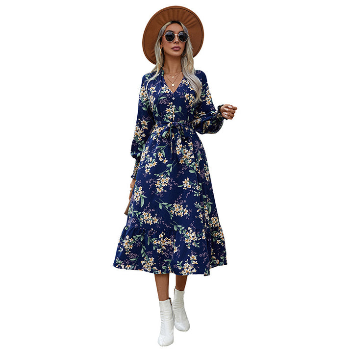 Damen Florales Langarmkleid mit Taillengürtel Drune
