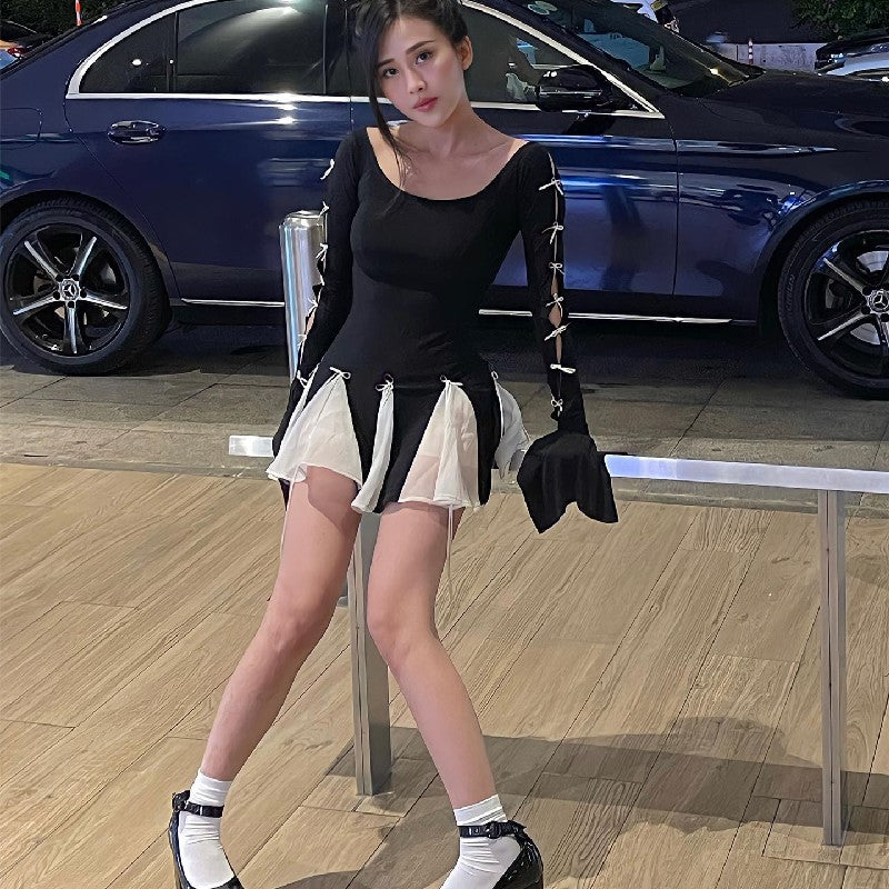 Damen Skaterkleid mit kontrastierenden Rüschendetails und lange Ärmel Drune