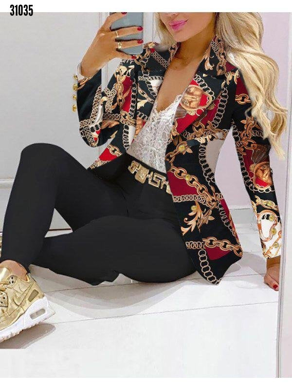 Damen Zweiteiliges Blazer-und-Hose-Set mit Schmetterlingsprint und glamourösem Glitzereffekt Drune