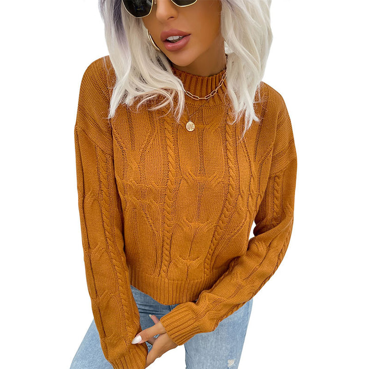 Damen Kurzgeschnittener Zopfmuster-Strickpullover mit Stehkragen Drune