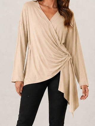 Damen Wickelshirt mit seitlicher Knotenpartie, V‑Ausschnitt und asymmetrischem Saum Drune