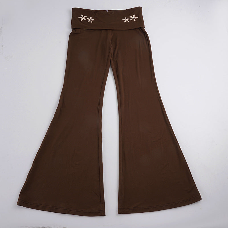 Damen nan Yogahose Flared mit Umschlagbund, komfortable Bootcut-Passform und Laser-Cut Blütendetail Drune
