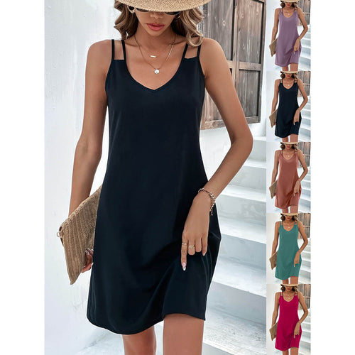 Damen Sommerliches V-Ausschnitt Kleid ohne Ärmel Drune