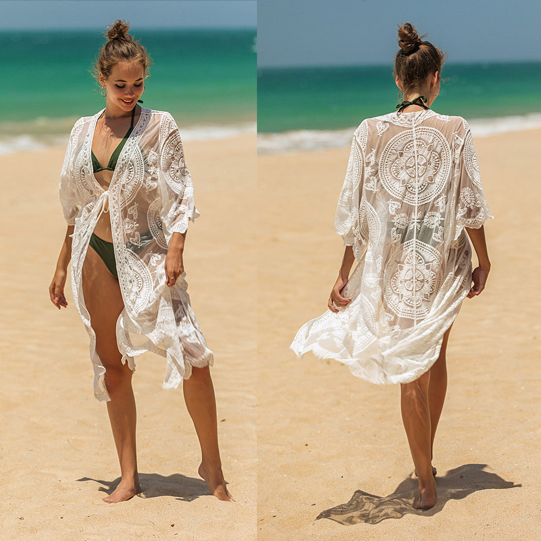Damen elegante Häkel-Strandtunika mit floralen Details Drune