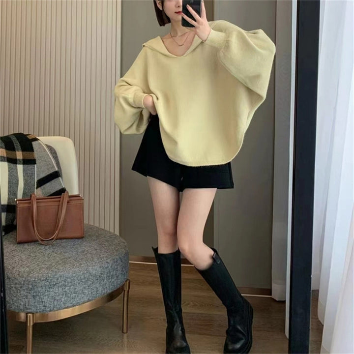 Damen Oversized Strickpullover mit lässigem V-Ausschnitt und Kapuze Drune
