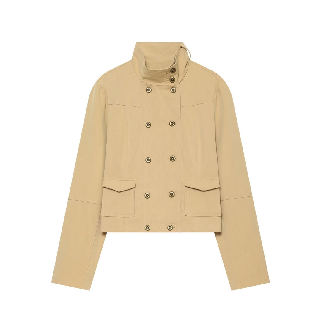 Damen Kurzgeschnittene doppeltreihige Utility-Jacke mit hohem Stehkragen Drune
