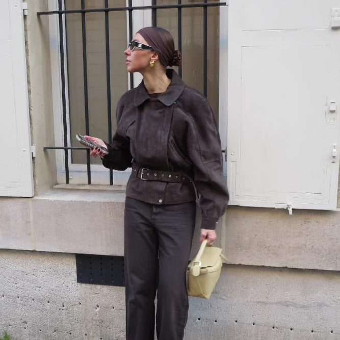 Damen Modische Suede Jacke mit Taillengürtel Drune
