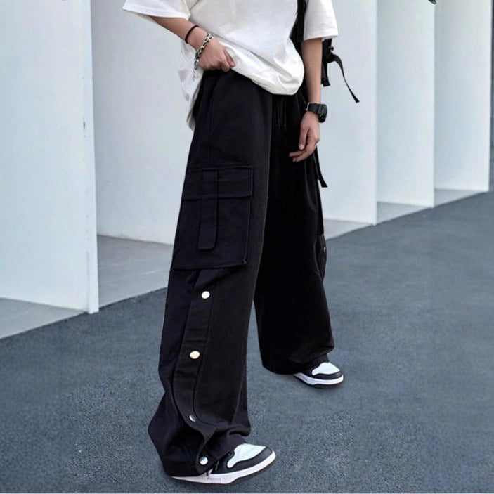 Unisex Oversize-Cargo-Jeanshose mit breiten Beinen, Klappentaschen und Druckknopf-Leiste Drune