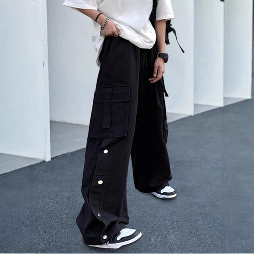 Unisex Oversize-Cargo-Jeanshose mit breiten Beinen, Klappentaschen und Druckknopf-Leiste Drune