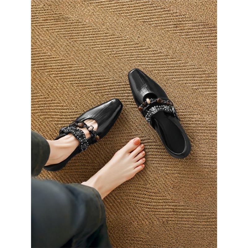 Damen Verzierten Loafer‑Mules mit quadratischer Zehenpartie und Perlenriemen Drune