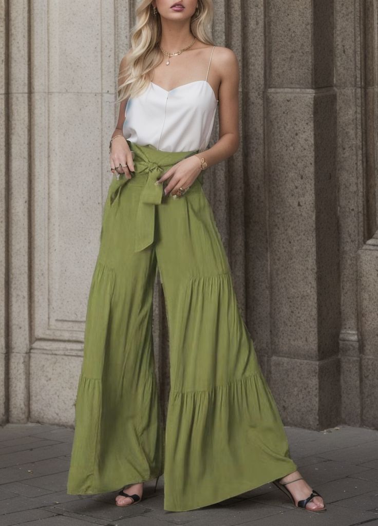 Damen weite High-Waist Hose mit eleganten Falten und Bindegürtel Drune