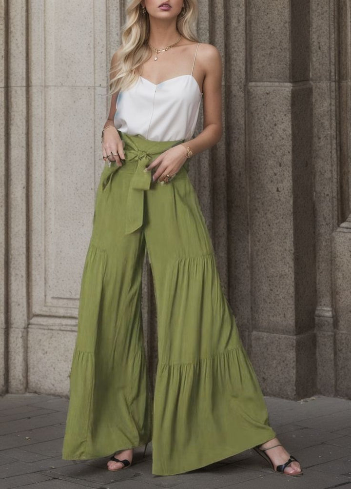 Damen weite High-Waist Hose mit eleganten Falten und Bindegürtel Drune