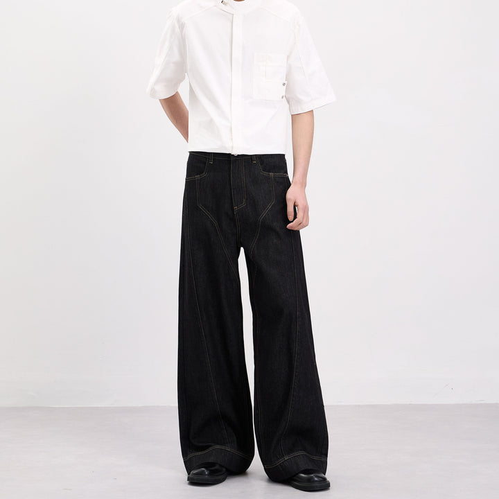 Herren Oversize-Denim-Palazzohose mit skulpturalen Paneelnähten und tiefem Schritt Drune