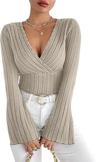 Damen Strickoberteil mit Wickeldesign und weitem Ärmel Drune