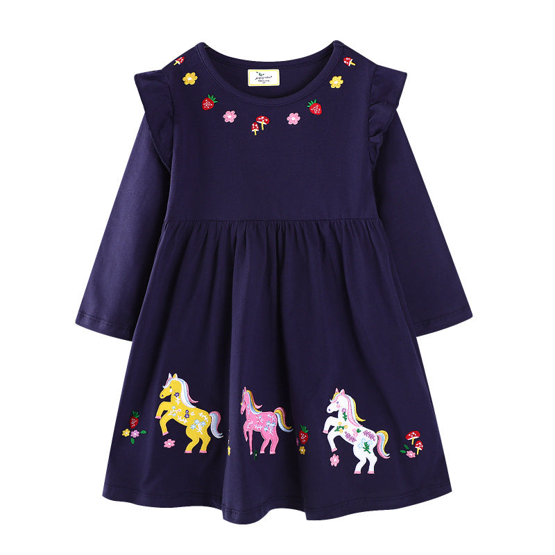 Mädchen Freizeitkleid mit buntem Einhorn-Design und floralen Applikationen Drune