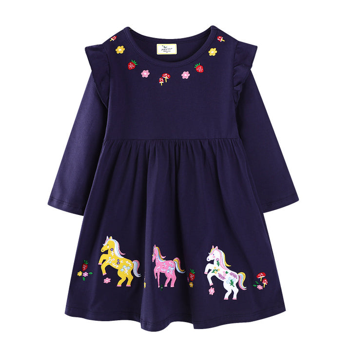 Mädchen Freizeitkleid mit buntem Einhorn-Design und floralen Applikationen Drune