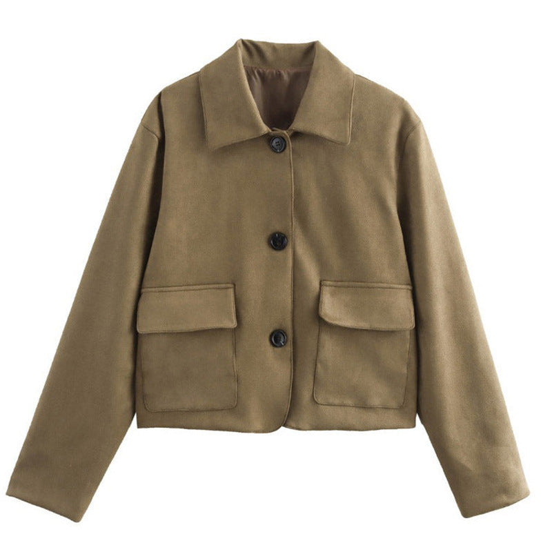 Damen modische Kurzjacke mit praktischen Brusttaschen und aufgesetzten Knöpfen Drune