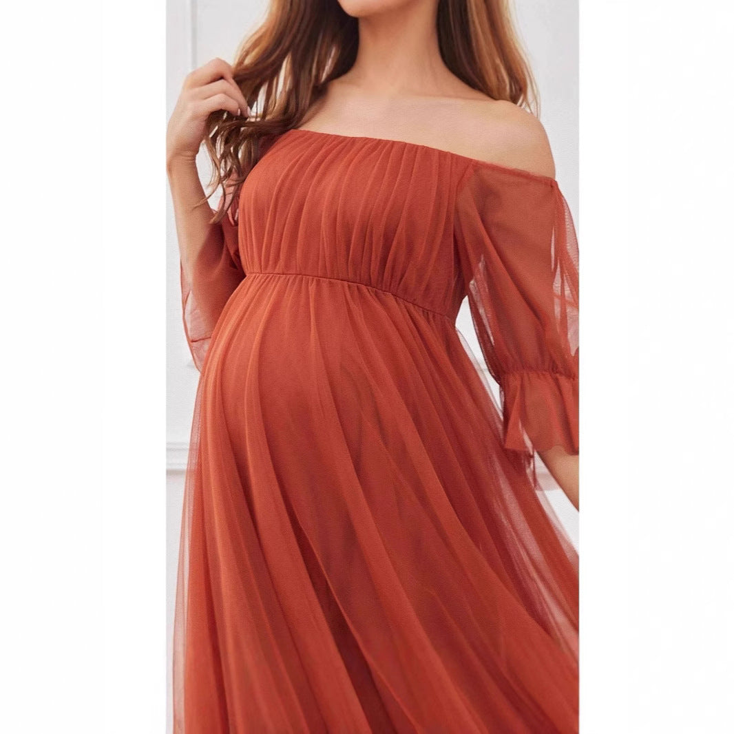 Damen Elegantes Umstandskleid mit schulterfreiem Design und luftigem Tüll Drune