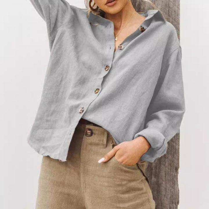 Damen lässige Leinenbluse mit Knopfleiste und weitem Schnitt Drune