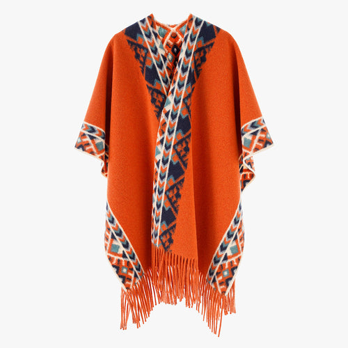 Damen Poncho‑Überwurf mit Ethno-Jacquard und Fransensaum Drune