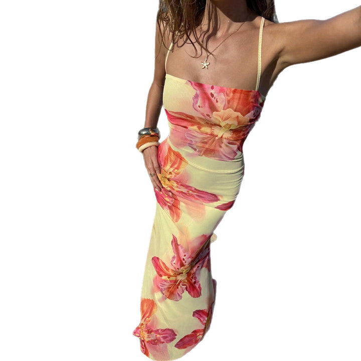 Damen Maxi Kleid mit floralem Design und Spaghettiträgern Drune