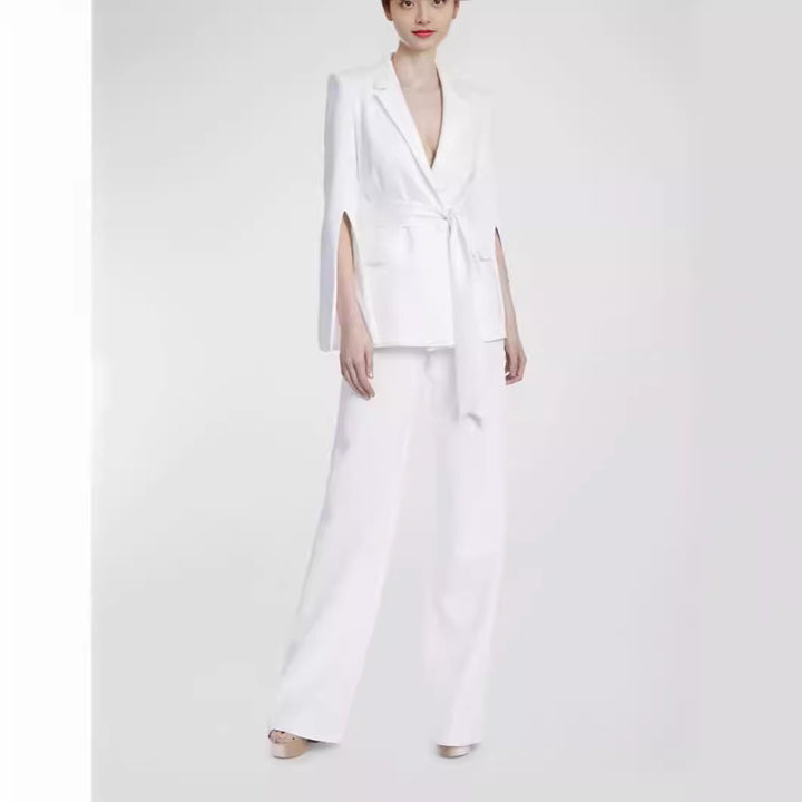 Damen Taillierter Cape-Blazer mit Bindegürtel und weiten Palazzohosen Drune