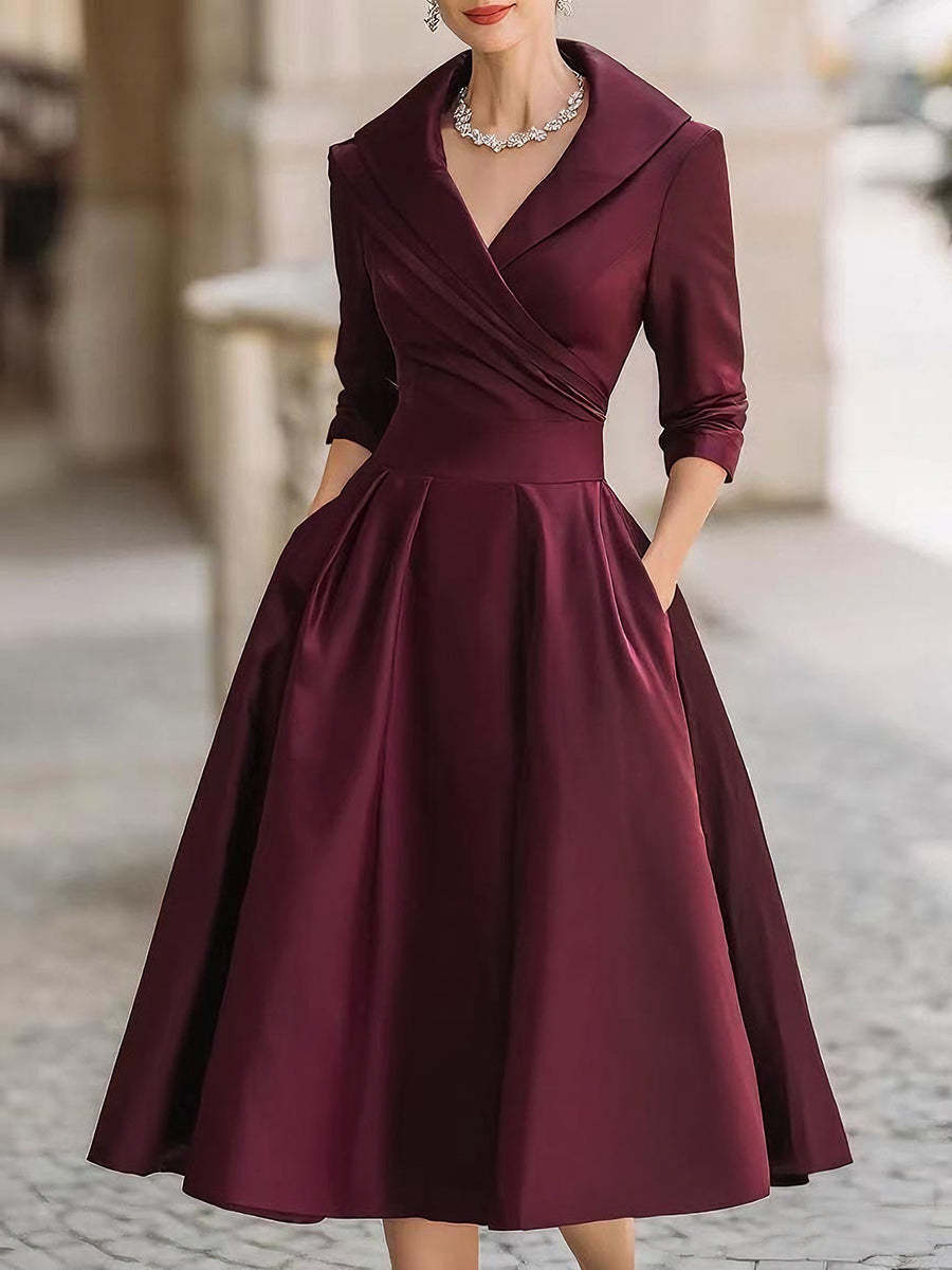 Damen Elegantes Satin-Midikleid mit Wickeloberteil, mittellangen Ärmeln und Eingrifftaschen Drune